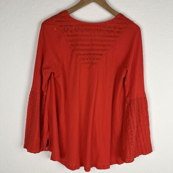 Free People Parisian Nights Bright Orange Bell Sleeve Top, Islet Trim Si… - Picture 2 of 5